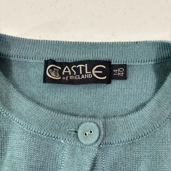 Castle of Ireland Cardigan Teal Blue Women L Wool Embroidered Coastal Granny - Picture 9 of 9